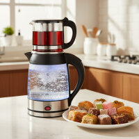 Siberg Teekocher Set 3-in-1 – Türkische Teemaschine mit 1,8L Wasserkocher, 800ml Glaskanne, 2200W Leistung, Warmhaltefunktion, BPA-frei