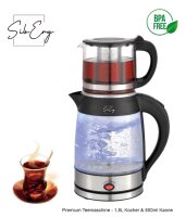Siberg Teekocher Set 3-in-1 – Türkische Teemaschine mit 1,8L Wasserkocher, 800ml Glaskanne, 2200W Leistung, Warmhaltefunktion, BPA-frei