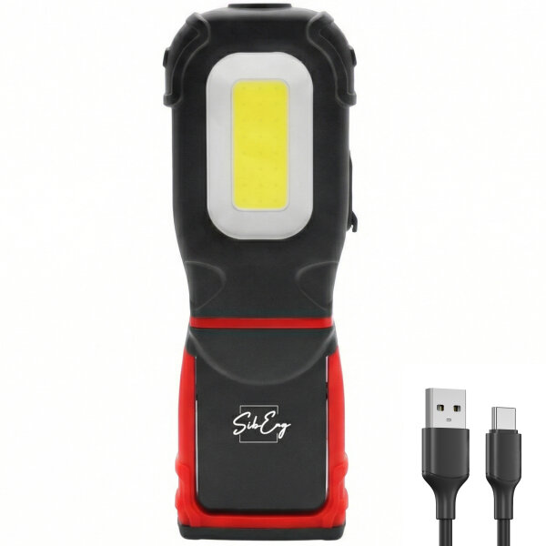 Siberg LED Arbeitsleuchte Akku (USB-C) – 360° Faltbare Werkstattlampe mit Magnet, Haken & Gürtelclip – 500lm COB Handlampe & Taschenlampe für KFZ, Camping & Outdoor (S605, 1800mAh)